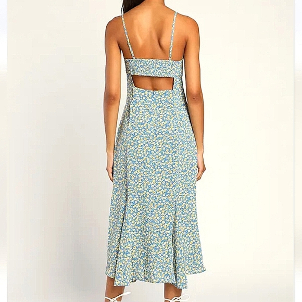 Lulus Blue Floral Print Cutout Midi Dress - Picture 3 of 12